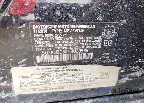 2017 BMW X6 xDrive35I z USA, uszkodzony, nr VIN 5UXKU2C34H0U28565